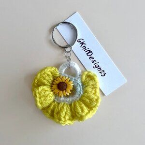 Sunflower Keychain Charm, Crochet Handmade Backpack Charm